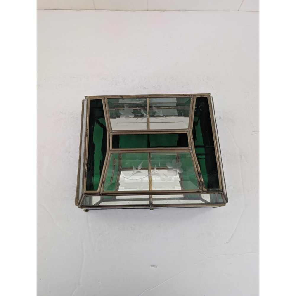 Jewelry Box Etched Floral Stained Glass Green Clear Vintage Glass Trinket FLAW - Picture 5 of 16